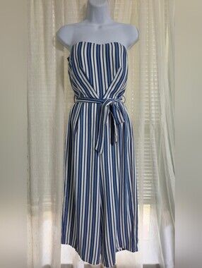 Blue and White Striped Strapless Wide Leg Jumper